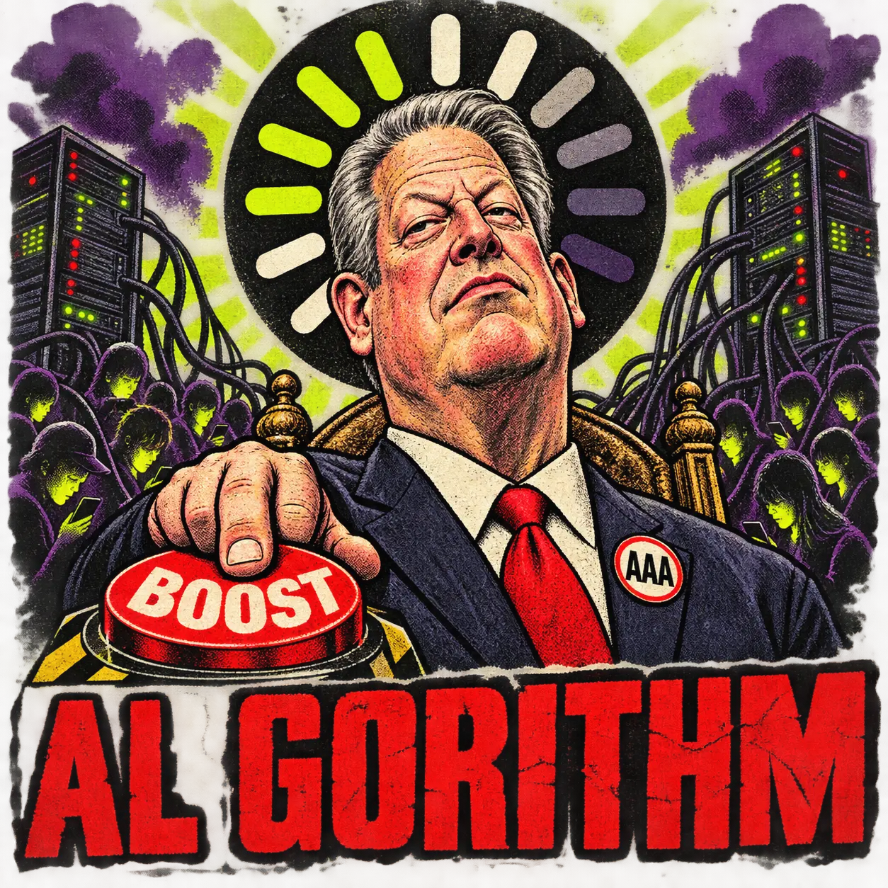 Al Gorithm: a caricature of Al Gore as the human embodiment of the algorithm, pressing a red BOOST button in front of server racks.